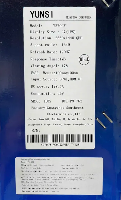 MÀN HÌNH YUNSI Y270GW - 27 INCH IPS - 2K - 120Hz - ĐEN