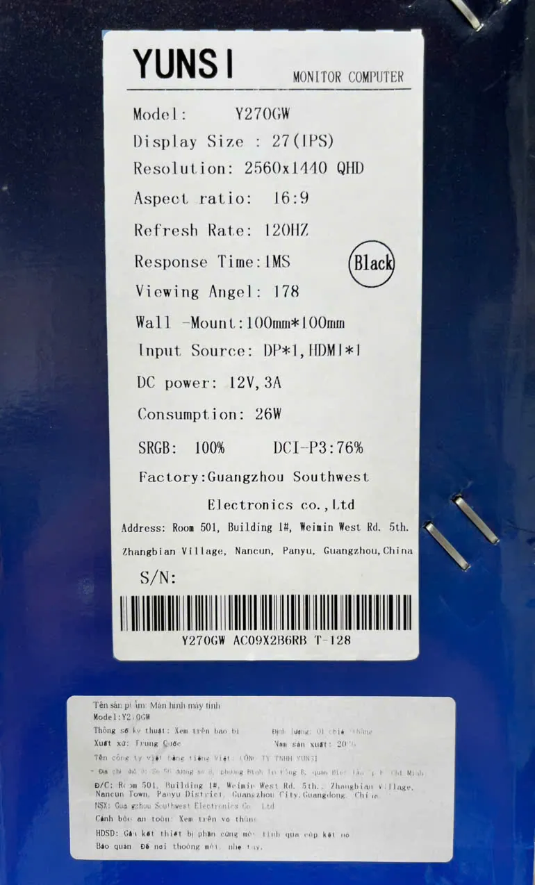 MÀN HÌNH YUNSI Y270GW - 27 INCH IPS - 2K - 120Hz - ĐEN
